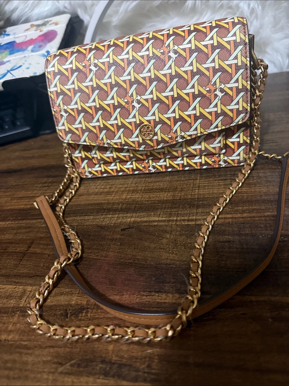Tory Burch Geometric Print Chain Crossbody in Brown and Yellow